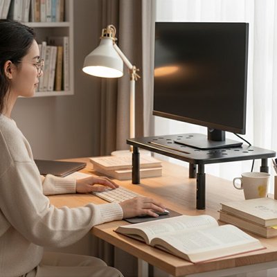 Femme assise confortablement face a son ordinateur sureleve pour eviter le mal de dos en teletravail.