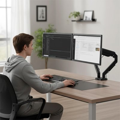 Bras double pour deux ecrans PC reglable en hauteur et inclinable