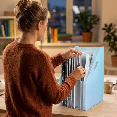 Femme classant des dossiers dans un porte revues bleu : rangement moderne pour la maison.