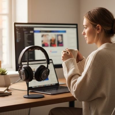 Femme en télétravail avec un support de casque noir pour libérer de la place et organiser son bureau.