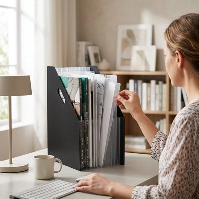 Femme rangeant des feuilles A4 dans un range document noir pour libérer son bureau.