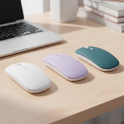 Gamme de souris Bluetooth sans fil en blanc, mauve et vert foncé pour un setup de bureau moderne et une productivité optimisée