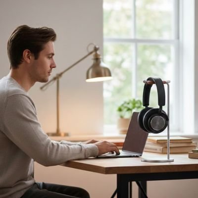 Homme sur ordinateur avec un support de casque argenté pour garder ses accessoires à portée de main.