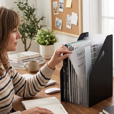Organisateur de documents vertical A4 noir, idéal pour optimiser l'espace de travail.