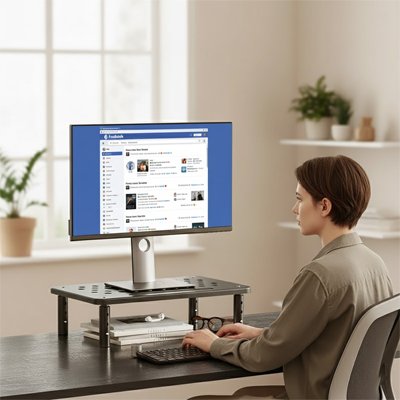 Personne travaillant sur un ordinateur sureleve par un support de moniteur noir pour ameliorer la posture au bureau.