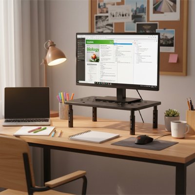 Rehausseur d'ecran d'ordinateur noir et accessoires de bureau minimalistes pour le teletravail.