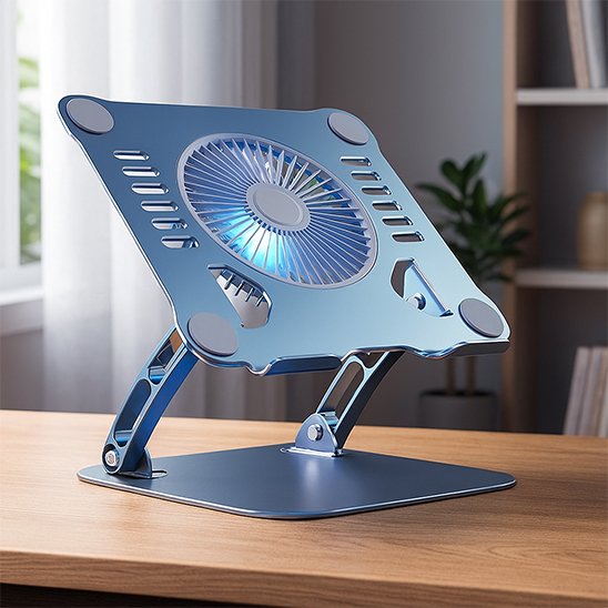 Rehausseur ergonomique gris sidéral mat sur un bureau, avec double axe articulé réglable à 180 degrés.
