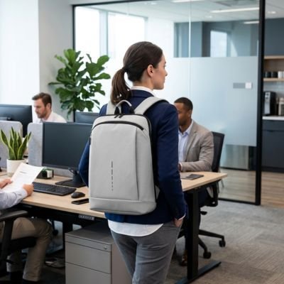 Sac à dos ordinateur portable clair sur une femme active en bureau offrant un confort de portage quotidien.