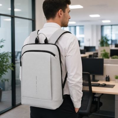 Sac à dos ordinateur portable gris clair sur le dos d'un homme en chemise blanche assurant un confort pro.