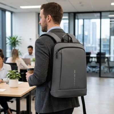 Sac à dos ordinateur portable gris foncé sur le dos d'un homme au bureau protégeant le matériel informatique.