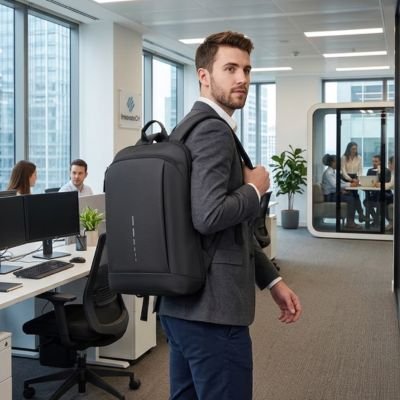 Sac à dos ordinateur portable noir élégant sur un homme au bureau pour un style business et nomade pro.