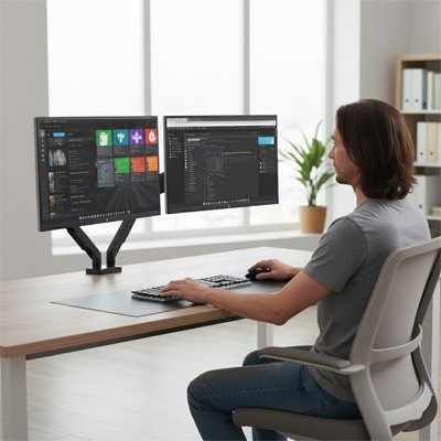 Setup de bureau minimaliste avec deux ecrans sur bras articule
