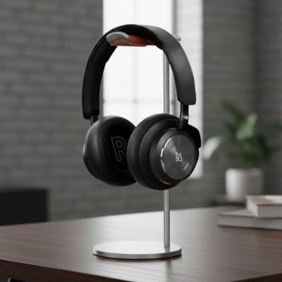 Support de casque argenté avec base lestée antidérapante pour éviter les chutes et sécuriser le bureau.
