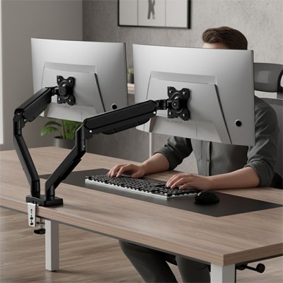 Fixation de bureau pour support double ecran ergonomique gain de place