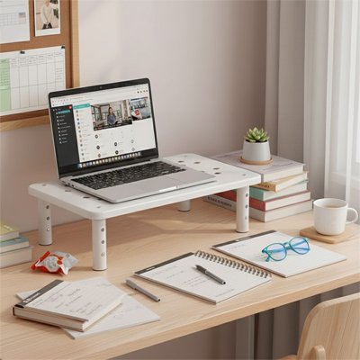 Support ecran PC design blanc pour amenagement de bureau ergonomique.