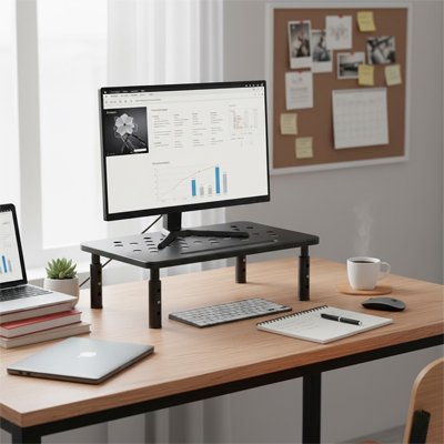 Support ecran PC ergonomique noir pose sur un bureau scandinave epure