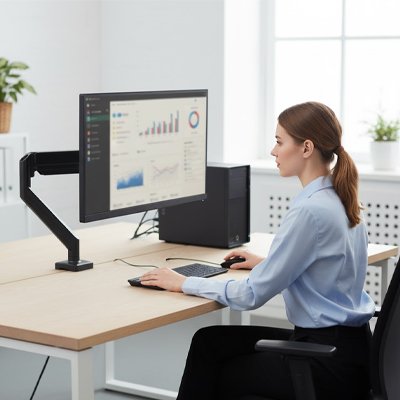 Support d'écran PC simple bras positionné entre deux bureau 