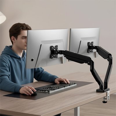Support ecran PC double bras articulé sur un bureau de teletravail