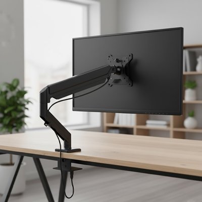 Support écran PC bras articulé noir soulageant les douleurs cervicales et améliorant le confort visuel.