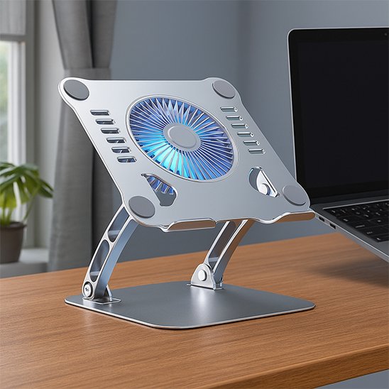 Support refroidisseur universel argent mat sur un bureau, offrant une stabilité jusqu'à 10 kg.