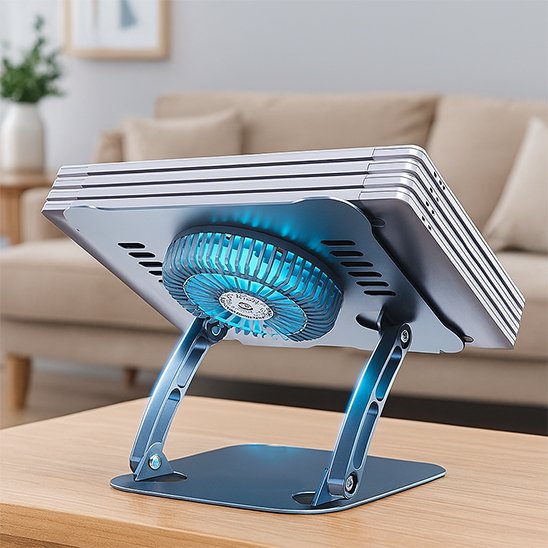 Support ventilé en aluminium argent mat sur une table basse, idéal pour travailler depuis son canapé.