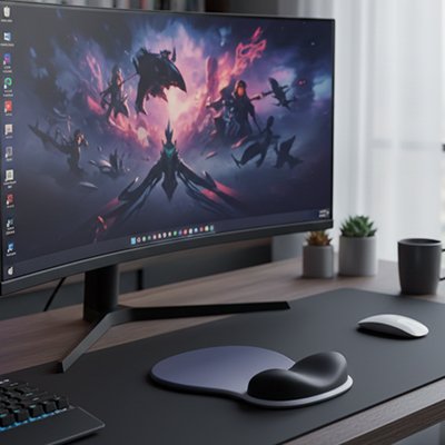 Tapis de souris ergonomique bleu nuit placé devant un écran pour soulager les douleurs au poignet. 