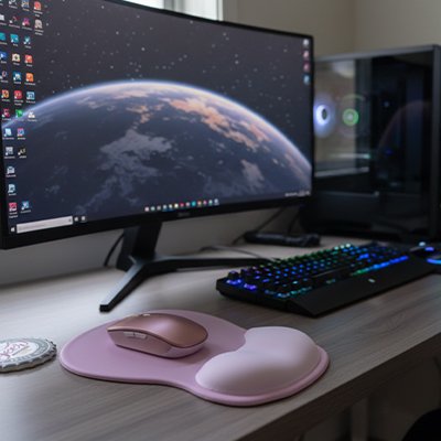 Tapis de souris ergonomique rose pastel pour un espace de travail esthétique et confortable.