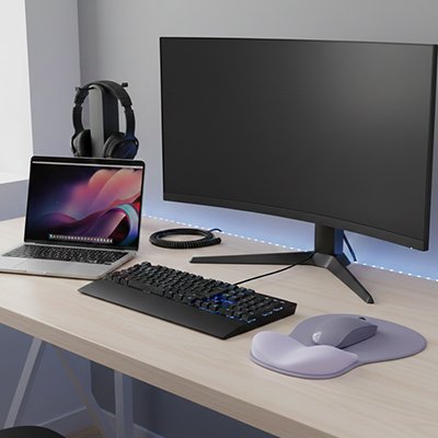 Tapis de souris ergonomique violet avec repose poignet surélevé pour un confort de travail optimal.