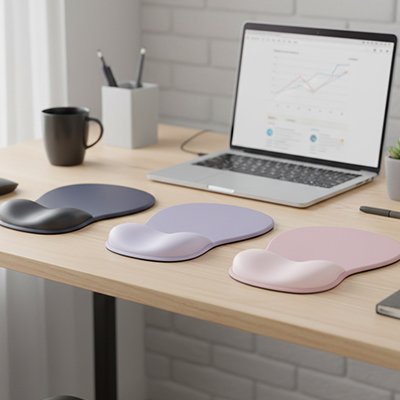 Trois tapis de souris ergonomiques bleu nuit, violet et rose devant un ordinateur portable de bureau.